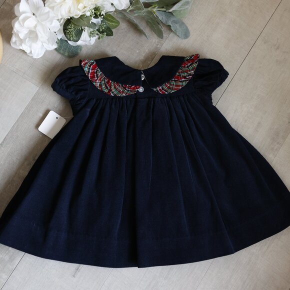 Navy 100% Cotton Corduroy Float Dress Wales Tartan Plaid Trim Bailey Boys NWT - Picture 2 of 6